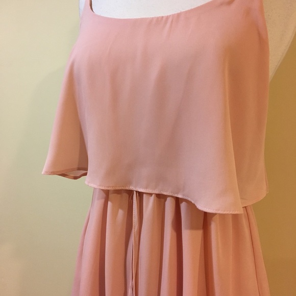 Ruffled Overlay Long Side Slits Spaghetti Strap Tie Front Blush Dress - Picture 4 of 7